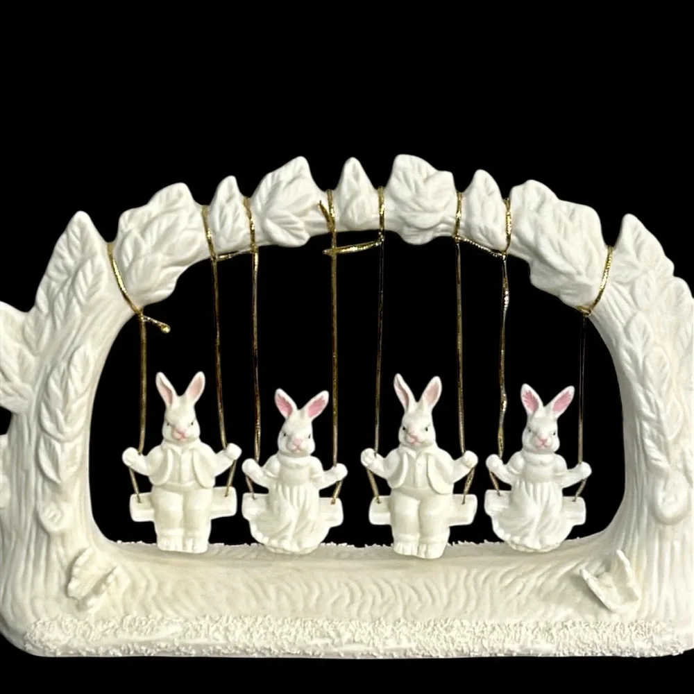 VTG Jade Collection Swinging Bunnies Ceramic Bisque Figurine